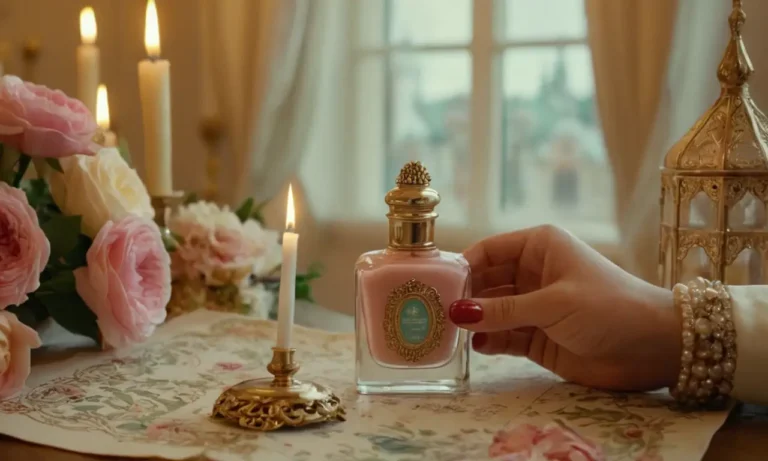Ilustración de estilo vintage de una persona que sostiene una botella de esmalte de uñas y cepillo con adorno dorado ornamentado