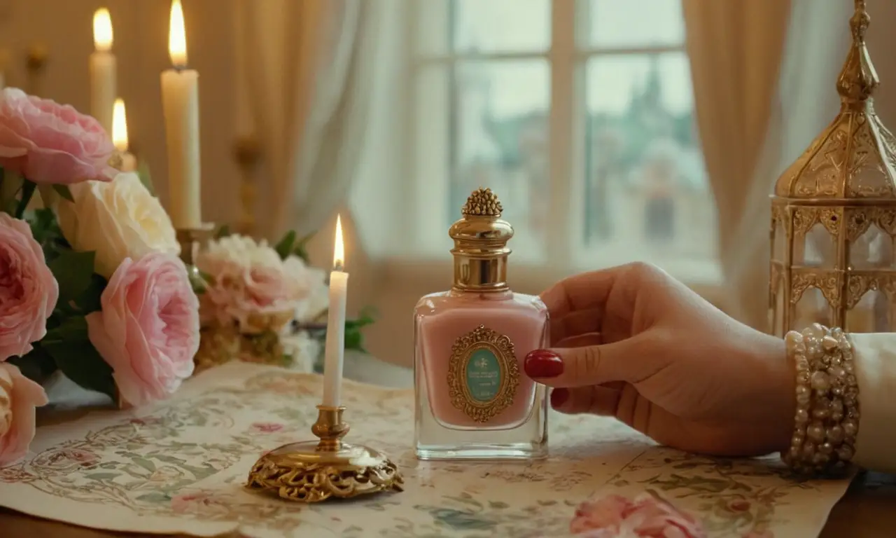 Ilustración de estilo vintage de una persona que sostiene una botella de esmalte de uñas y cepillo con adorno dorado ornamentado