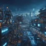 Paisaje urbano futurista 3D con robots y máquinas