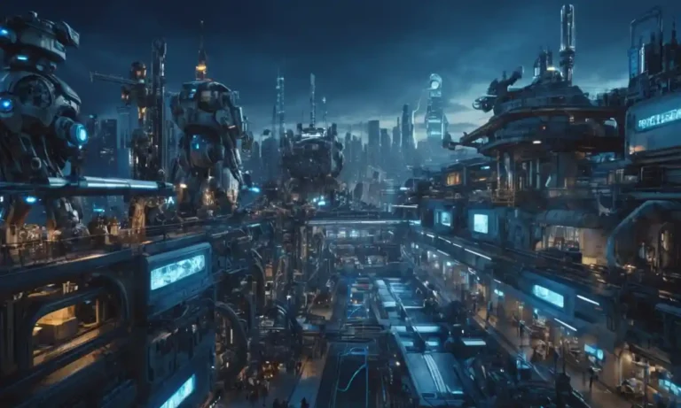 Paisaje urbano futurista 3D con robots y máquinas