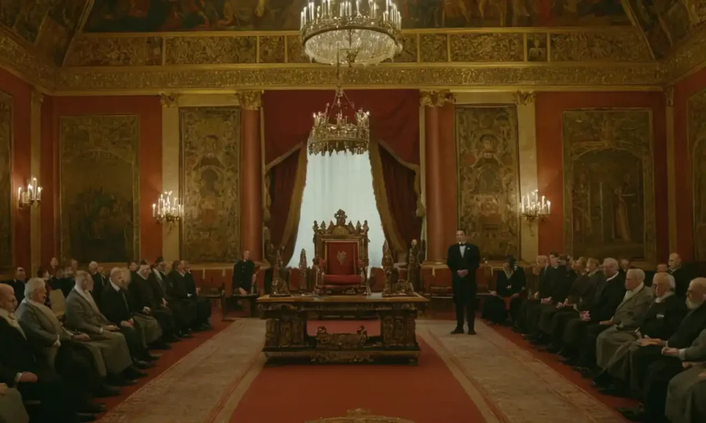 Palacio de estilo del siglo XVII con monarca digno sentado en el trono