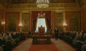 Palacio de estilo del siglo XVII con monarca digno sentado en el trono