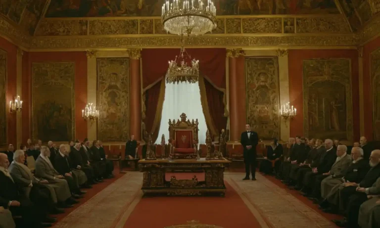 Palacio de estilo del siglo XVII con monarca digno sentado en el trono