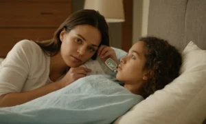 Persona acostada bajo una manta con termómetro a la frente en un dormitorio moderno