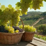 uvas recién cosechadas colgando de vides