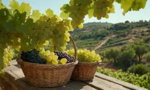 uvas recién cosechadas colgando de vides