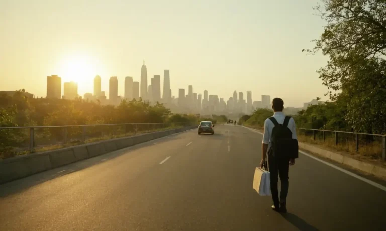 Un camino al amanecer con un paisaje urbano en el fondo