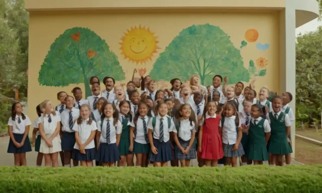 Niños y maestros sonriendo