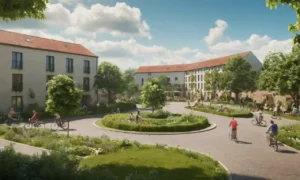 Edificios comunitarios 3D rodeados de vegetación