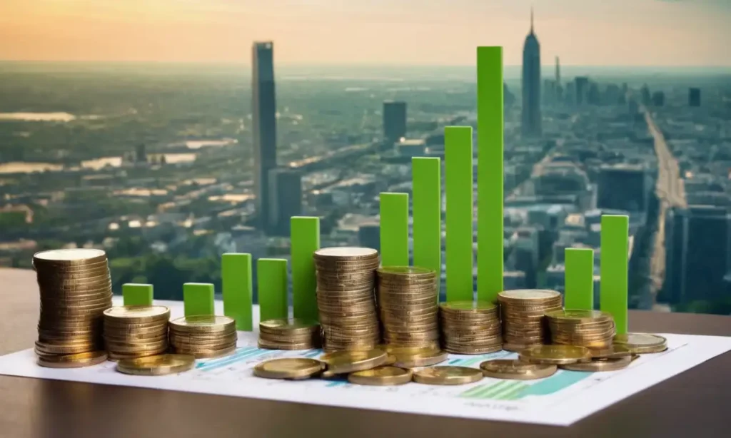 4 personas temblando las manos sobre un fondo brillante con gráficos y gráficos financieros que se fusionan en un camino de negocios exitoso