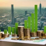 4 personas temblando las manos sobre un fondo brillante con gráficos y gráficos financieros que se fusionan en un camino de negocios exitoso