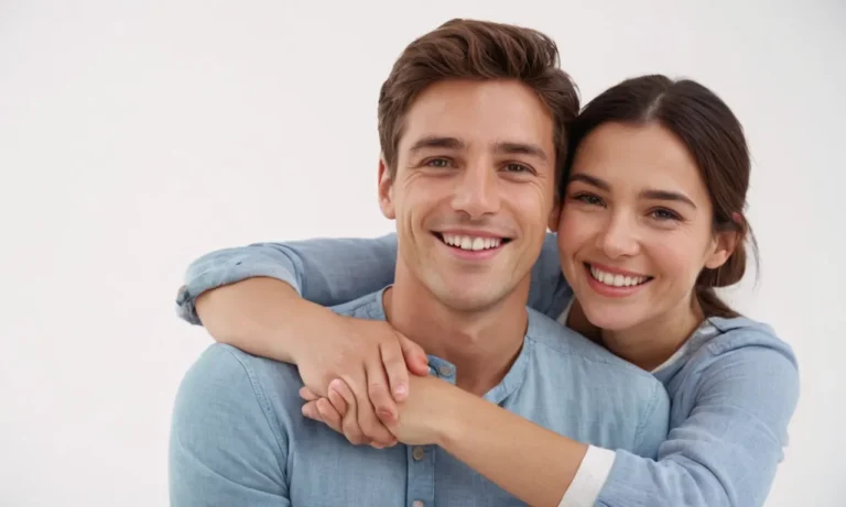 2 personas abrazando las manos con un fondo blanco feliz sonrisa caras mirando directamente a la cámara ningún punto focal de objetos adicionales está en su interacción y afecto