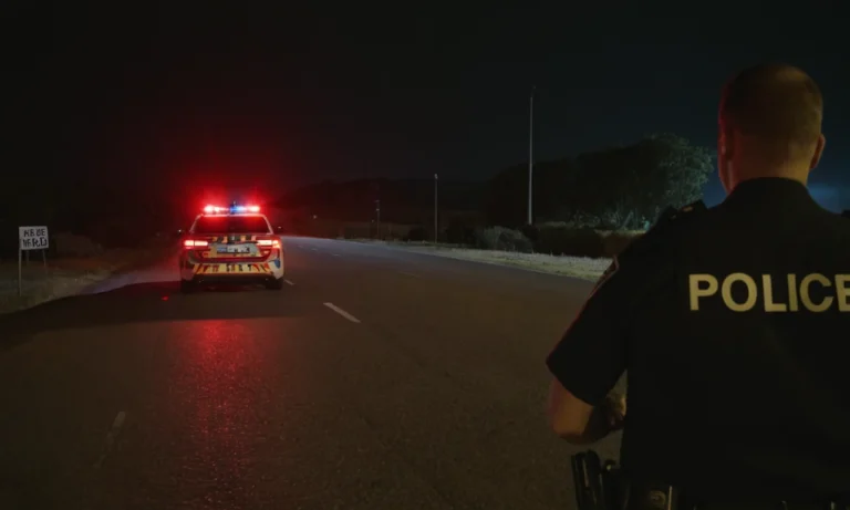 una oscura escena nocturna con luces de la policía