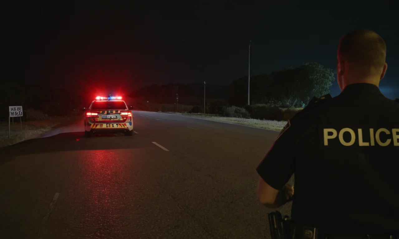 una oscura escena nocturna con luces de la policía