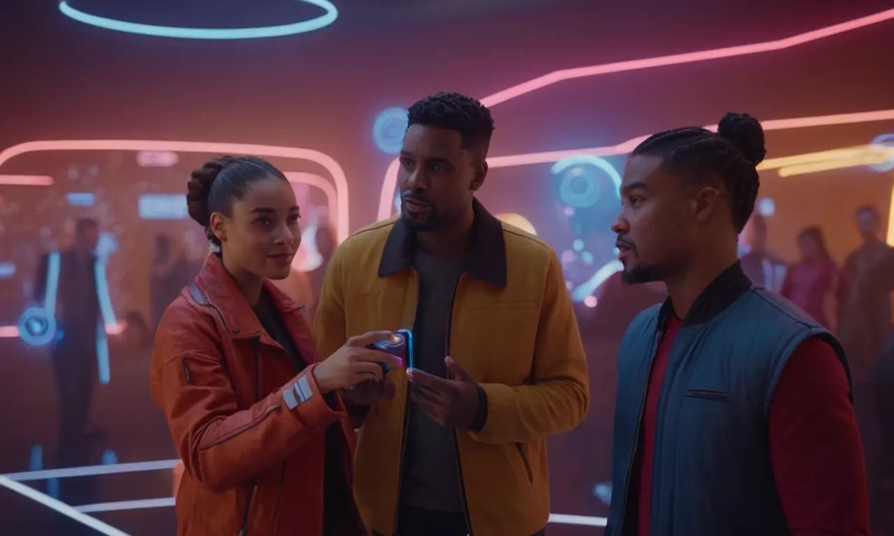 personajes de dibujos animados en 3D charlando en un espacio virtual futurista