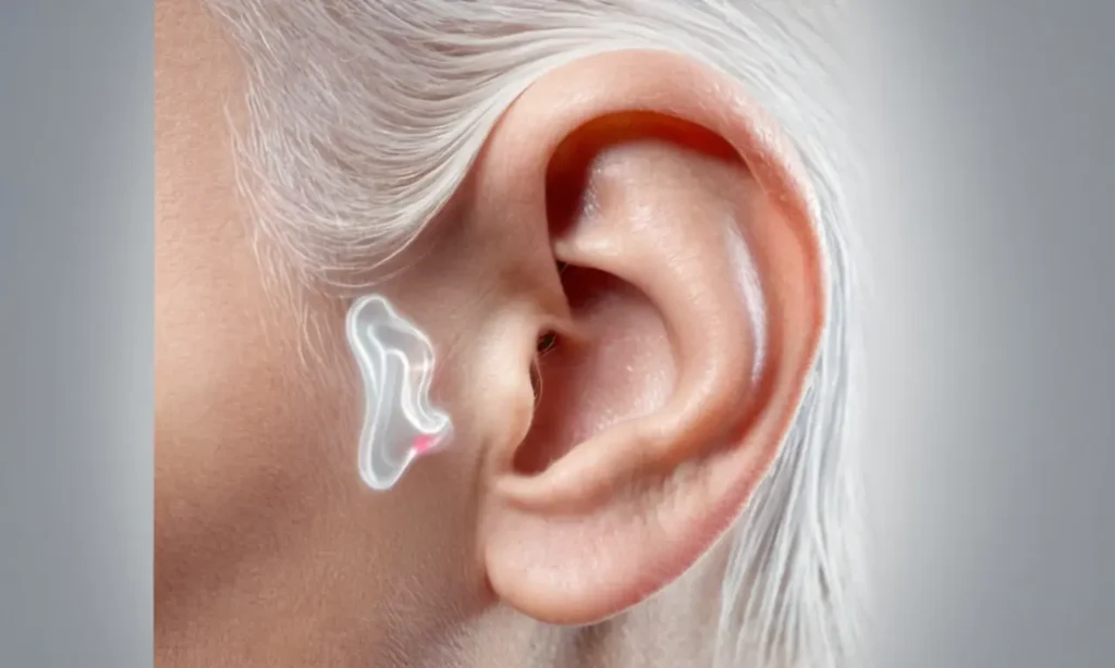ilustración 3D de un oído humano con un brillo blanco suave alrededor de él