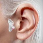 ilustración 3D de un oído humano con un brillo blanco suave alrededor de él
