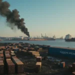 Un complejo de fábrica industrial que arroja humo oscuro en un cielo azul contaminado