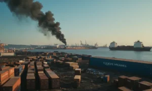 Un complejo de fábrica industrial que arroja humo oscuro en un cielo azul contaminado