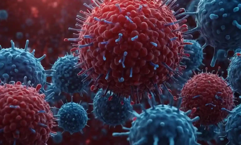 ilustración 3D de células envueltas por un virus con acentos rojos y azules