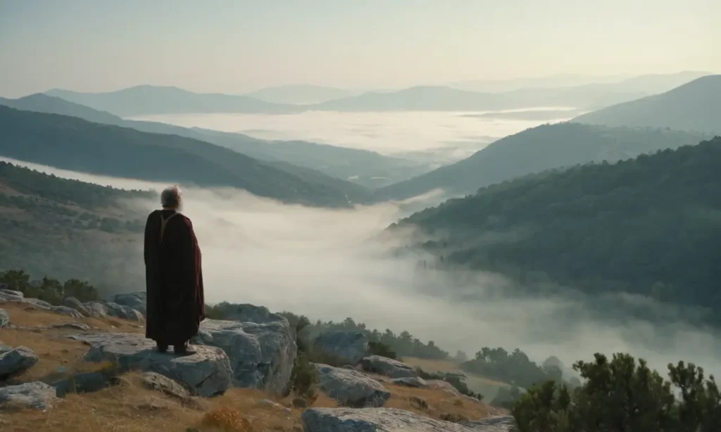 antigua filósofo griego de pie solo en un pico rocoso de montaña