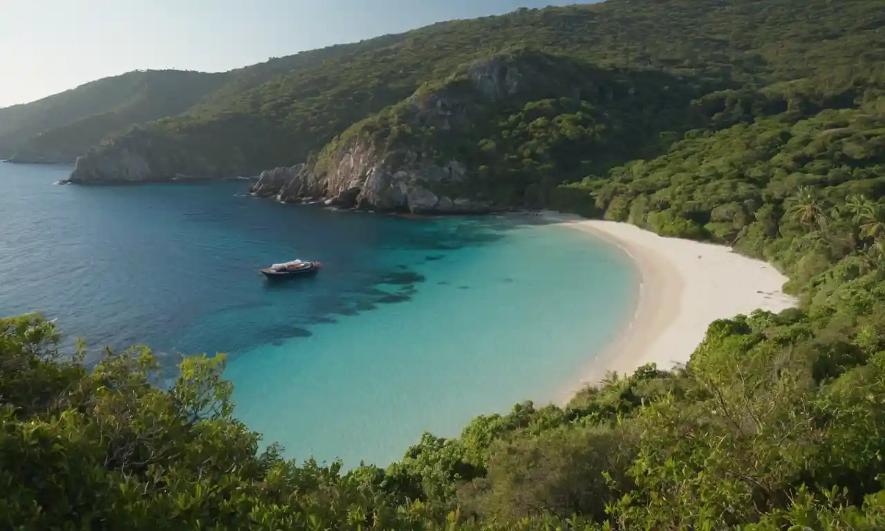 Un sereno cuerpo de agua tranquila rodeada de exuberante vegetación