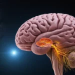 Ilustración 3D que muestra una glándula pituitaria en la base del cerebro