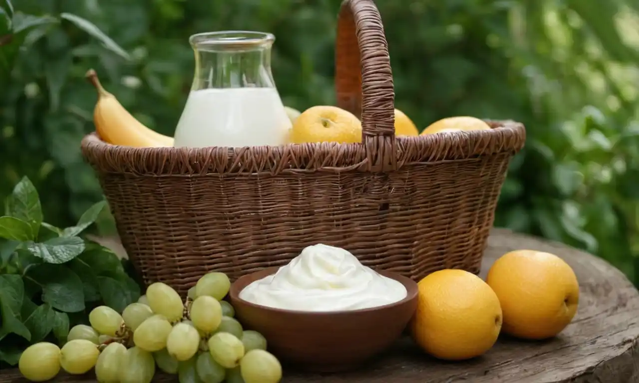 Leche fermentada en una cesta de mimbre