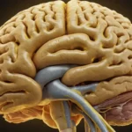 ilustración 3D de un cerebro humano con hueso esfenoide resaltado en líquido amarillo y cefalorraquídeo fluyendo alrededor de él