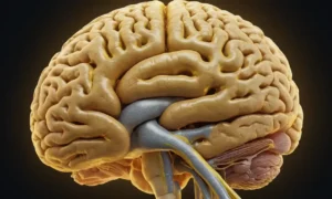 ilustración 3D de un cerebro humano con hueso esfenoide resaltado en líquido amarillo y cefalorraquídeo fluyendo alrededor de él