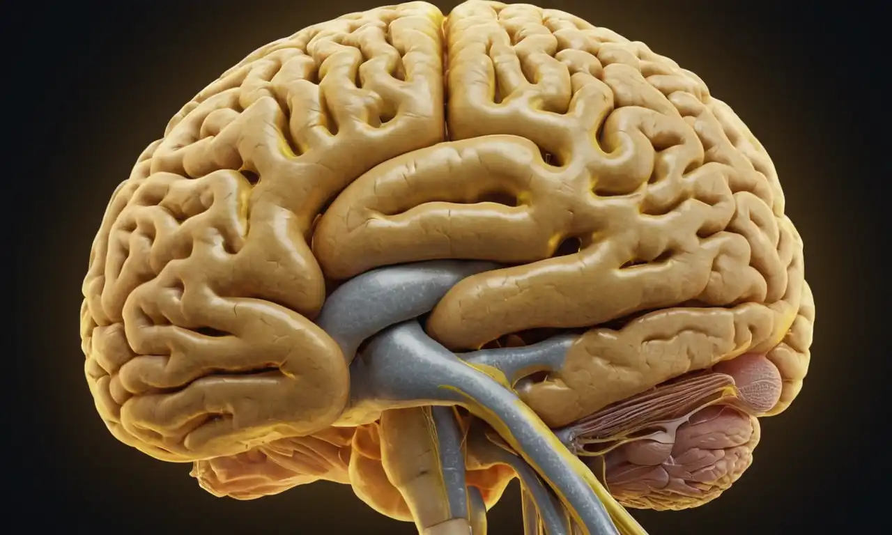 ilustración 3D de un cerebro humano con hueso esfenoide resaltado en líquido amarillo y cefalorraquídeo fluyendo alrededor de él