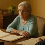 Personas mayores sentadas rodeadas de papeles de herencia y pertenencias personales