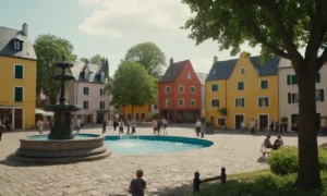 2D ilustración de una plaza de pueblo o pueblo con pequeñas casas