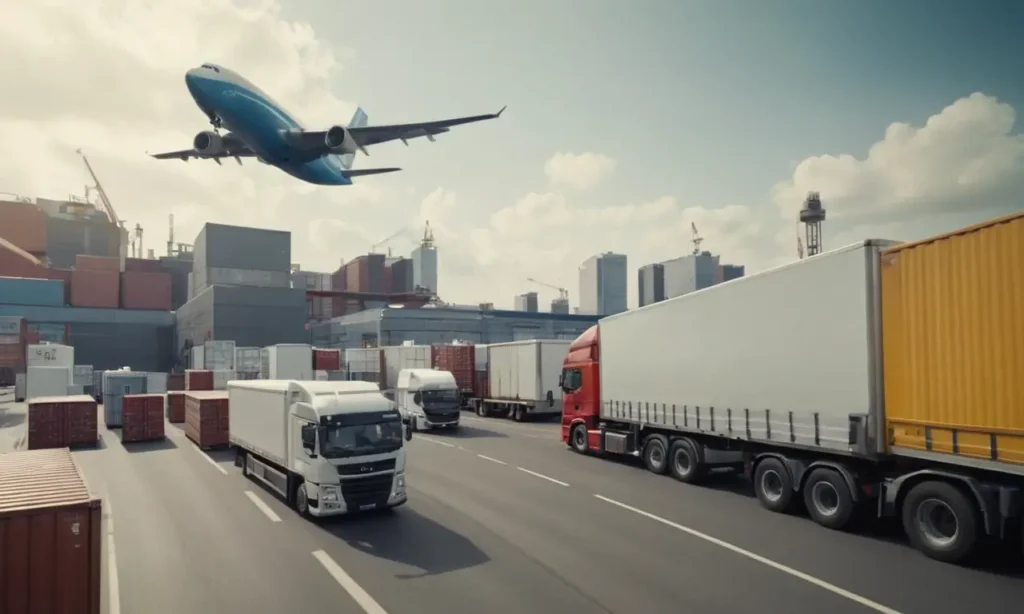 Camiones 3D moviendo mercancías a través de un moderno paisaje urbano