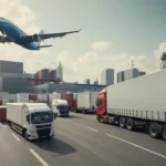 Camiones 3D moviendo mercancías a través de un moderno paisaje urbano