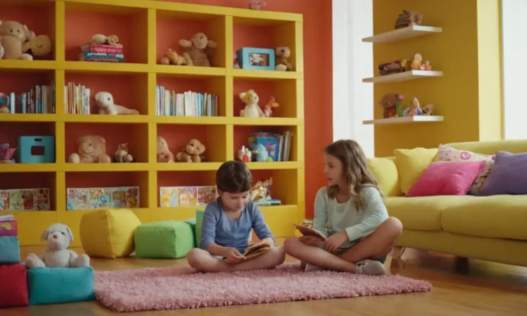 2-3 niños juguetonos sentados o de pie delante de estantes coloridos apilados con libros y juegos