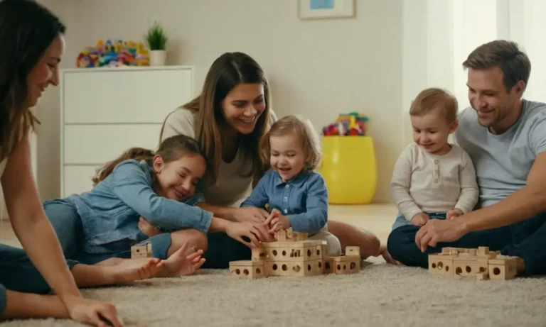1 o más padres / cuidadores sentados en el suelo con 2 o más niños alrededor de ellos