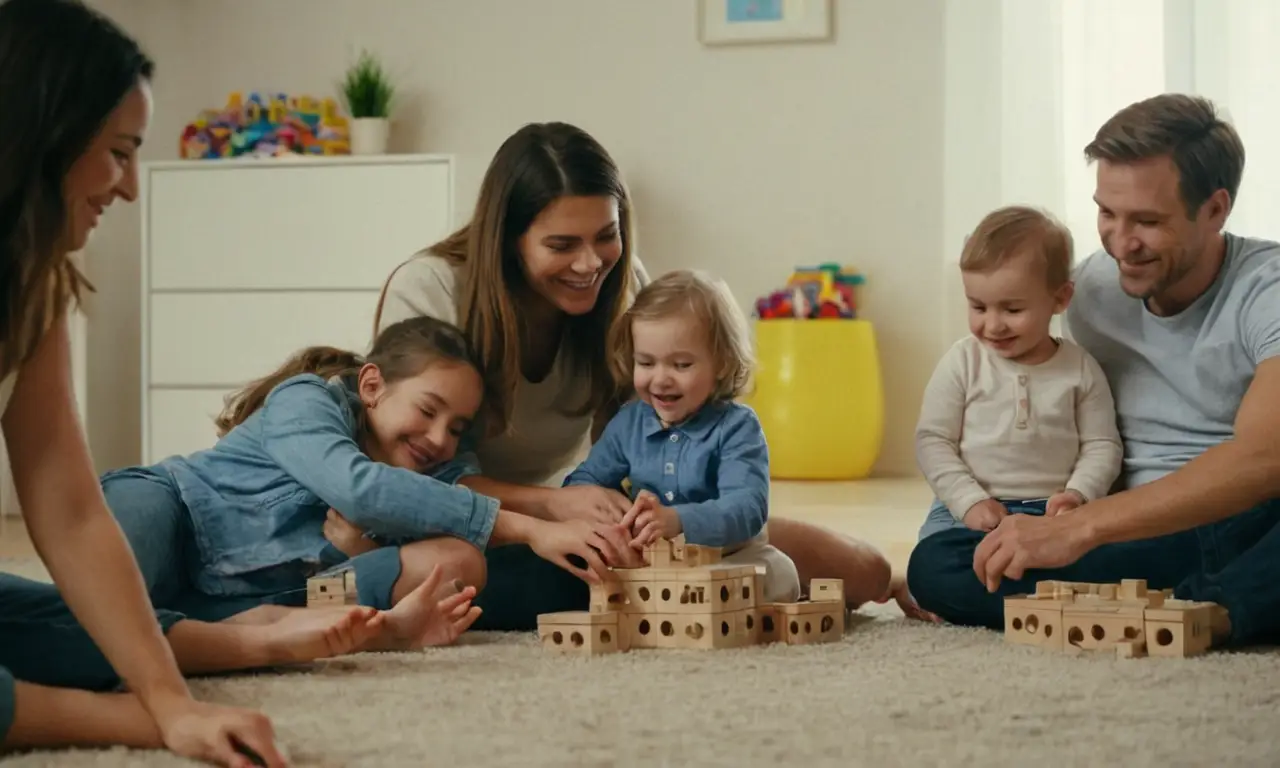 1 o más padres / cuidadores sentados en el suelo con 2 o más niños alrededor de ellos