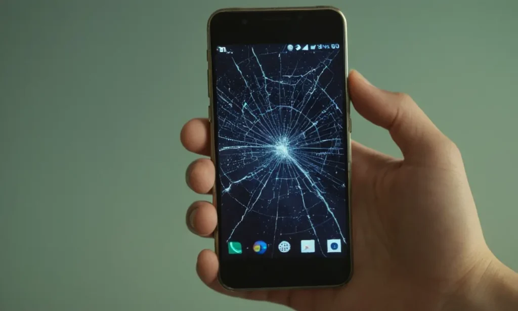 una mano sosteniendo un smartphone con una pantalla agrietada