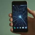 una mano sosteniendo un smartphone con una pantalla agrietada