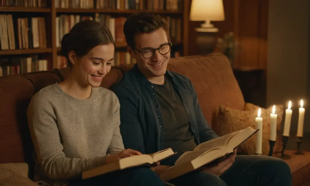 2 personas sentadas en un sofá con libros abiertos entre ellos