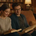 2 personas sentadas en un sofá con libros abiertos entre ellos