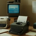 escena de oficinas de estilo 1980 con ordenador