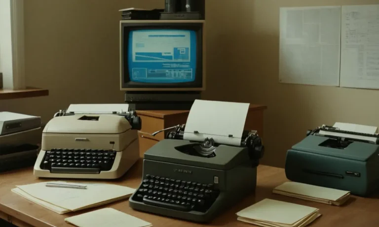 escena de oficinas de estilo 1980 con ordenador