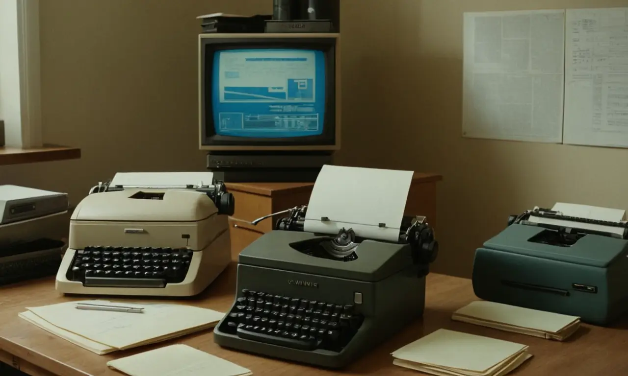 escena de oficinas de estilo 1980 con ordenador