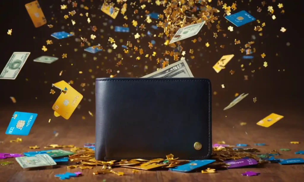ilustración 3D de una billetera con tarjetas de crédito y efectivo que se derrama
