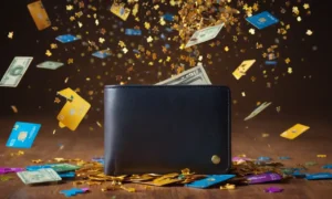 ilustración 3D de una billetera con tarjetas de crédito y efectivo que se derrama