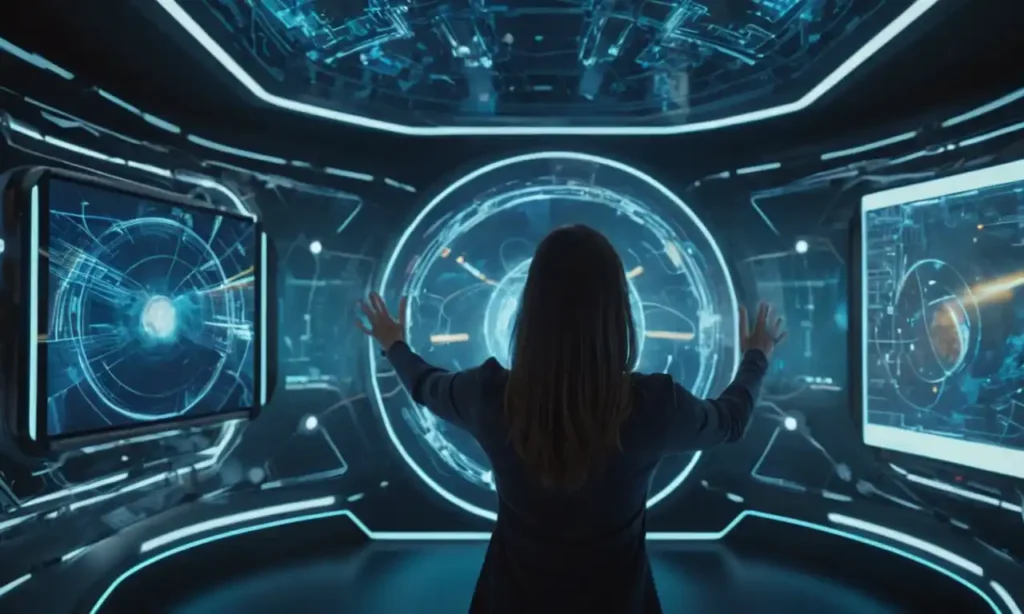 Person se acerca al portal digital de aspecto futurista