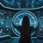 Person se acerca al portal digital de aspecto futurista