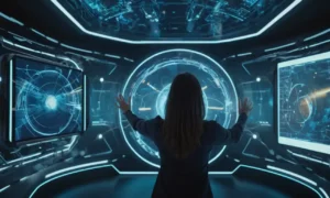 Person se acerca al portal digital de aspecto futurista